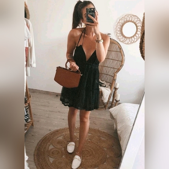 New Summer Strappy Halter Mini Dress Mesh Lace Dot Black - Picture 1 of 10